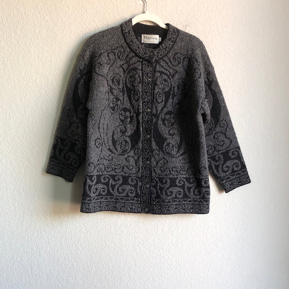 Harley of Scotland Wool Blend Cardigan Sweater Black Grey Grannycore Grandmacore